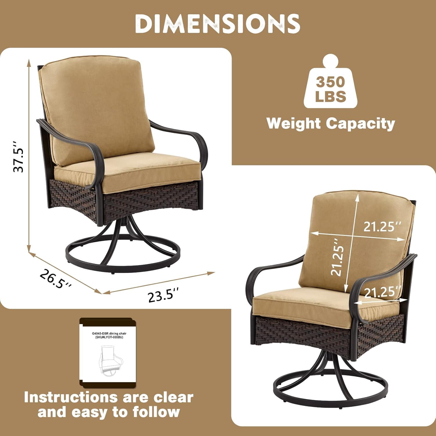 Patio Swivel Chairs Set of 2, Outdoor Swivel Chairs with Cushion, Patio Dining Chairs for Garden, Patio, Backyard and Balcony, Khaki