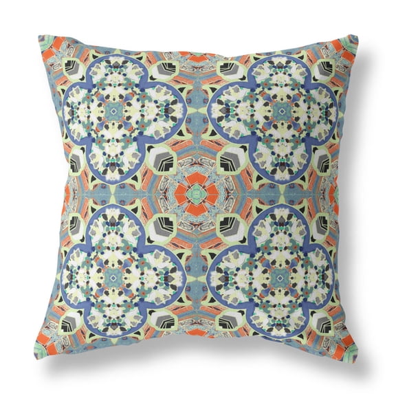 Clover Leaf Floral Indoor/Outdoor Pillow with Removable Cover in Blue Cream Orange20x20