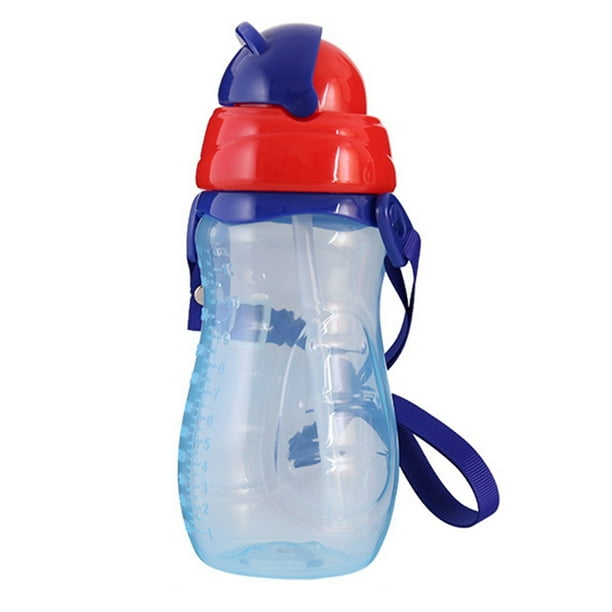 Biberón con pajita portátil, diseño de dibujos animados, para bebés (azul, 330 ml)