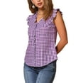 thumbnail image 5 of INSPIRE CHIC Women's Gingham Top Ruffle Shirt V Neck Cap Sleeve Plaid Blouse S Purple, 5 of 7