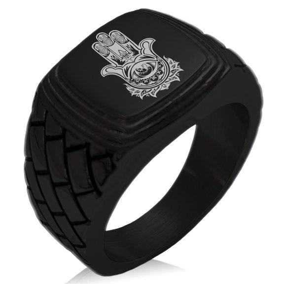Stainless Steel Floral Hamsa Hand of Fatima Geometric Pattern Step-Down Biker Style Polished Ring