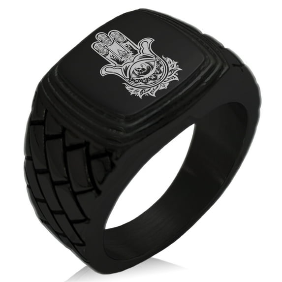 Stainless Steel Floral Hamsa Hand of Fatima Geometric Pattern Step-Down Biker Style Polished Ring