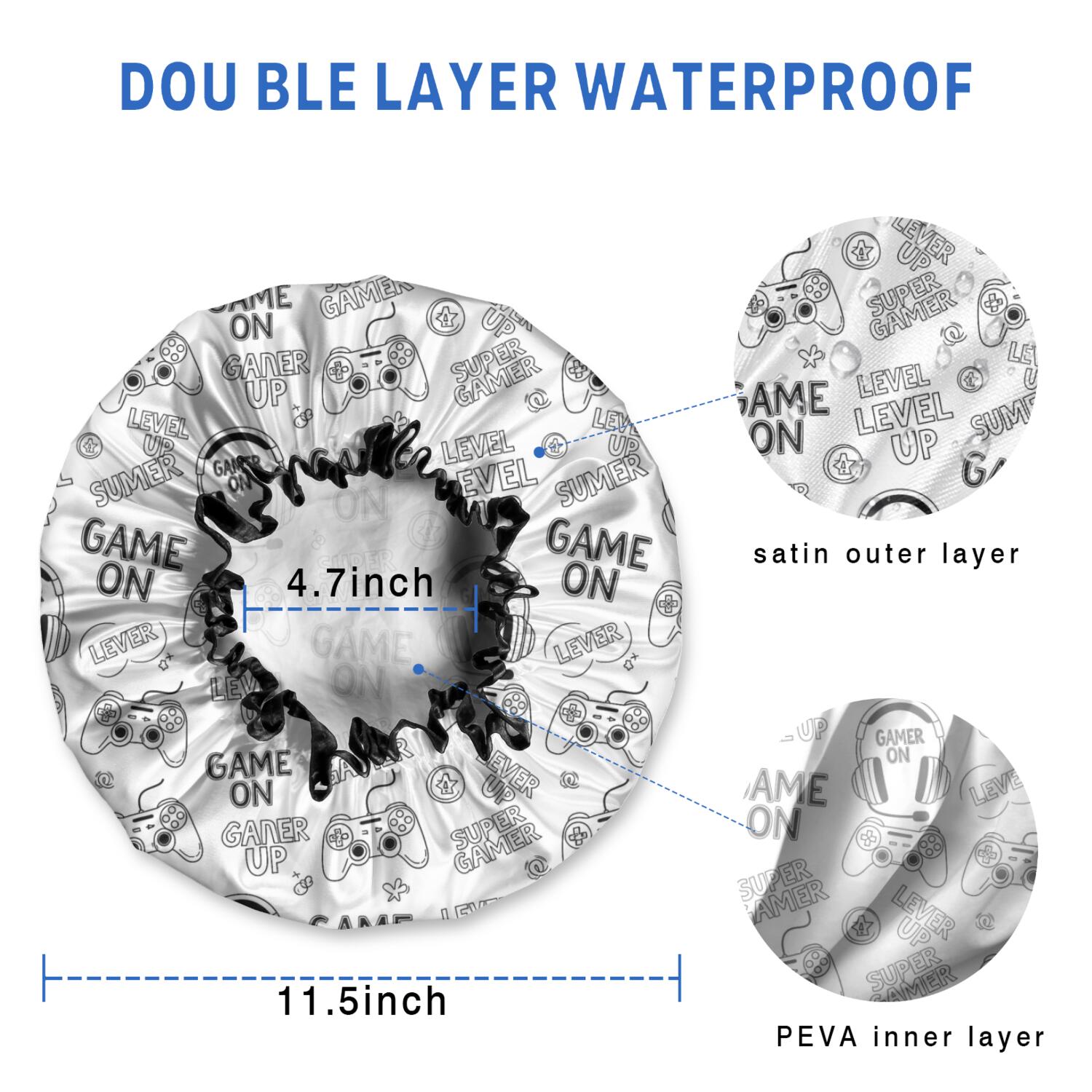 Shower Caps,Black Controllers Games Icons White Pattern Waterproof Shower Cap for Women 4 Pieces,Double Reusable Hair Cover for Shower PEVA Elastic Stretch Hem