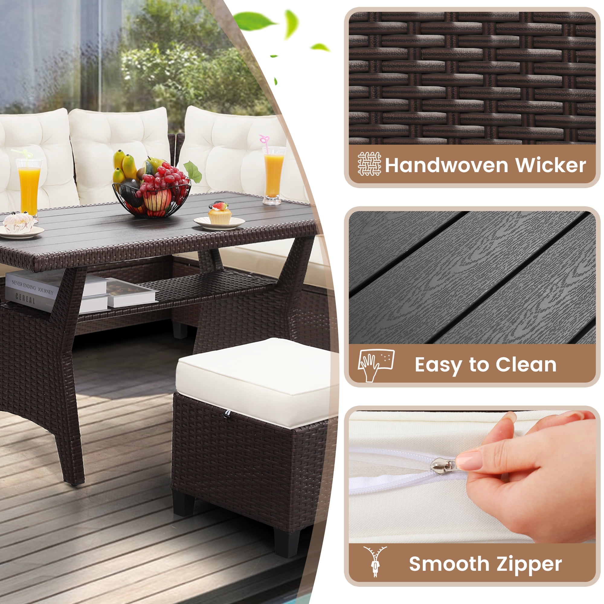 Melocadol 6 Piece Patio Sectional Set, Outdoor Conversation Furniture Set with 2 Sofas, 2 Ottoman, Table, Perfect for Patio, Deck or Poolside, Brown Wicker and Beige Cushions