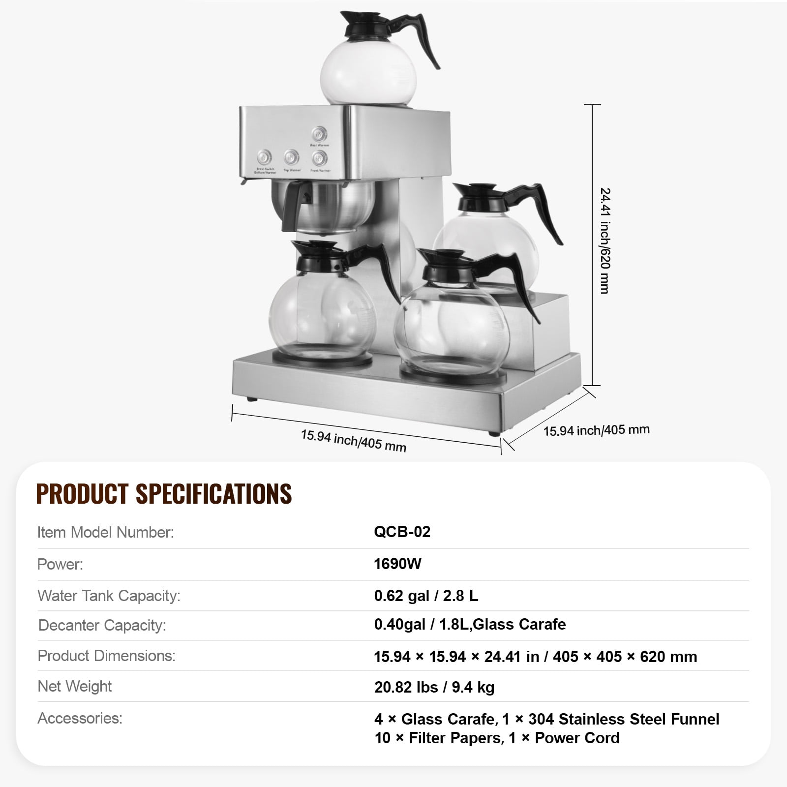KFFKFF Commercial Drip Coffee Maker, 12-Cup Machine with 4 Glass Carafes and 4 Warming Plates, Stainless Steel Brewer for Restaurants, Offices, Cafes, and Homes