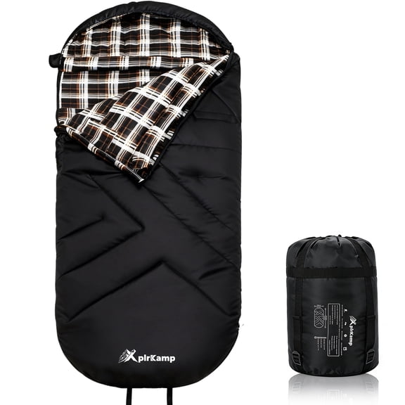 XplrKamp Oversized Sleeping Bag for Adults Cold & Warm Weather, XL Flannel Sleep Bags for Camping, Backpacking, Lightweight, Extra Wide for Big & Tall (Black)