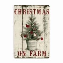 2D Flat, Rustic 8x12 Metal Christmas Tree Sign On the Farm Vintage Holiday Decor, Distressed Wall Art for Home Farmhouse, Festive Winter Scene with Red Berries Heart Ornaments, Outdoor Christmas
