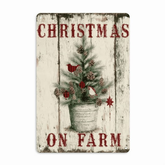 2D Flat, Rustic 8x12 Metal Christmas Tree Sign On the Farm Vintage Holiday Decor, Distressed Wall Art for Home Farmhouse, Festive Winter Scene with Red Berries Heart Ornaments, Outdoor Christmas