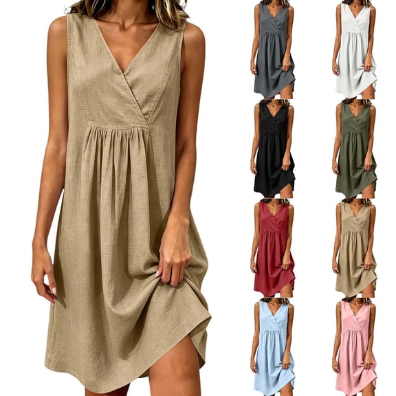 Umfun Casual V-Neck Linen Mini Dresses for Women with Gathered Waist - Sleeveless Relaxed Fit Summer Dress for Picnic & Day Trips