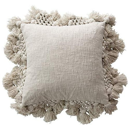 creative co-Op Square crochet & Tassels cream cotton Slub Pillow, 1 count (Pack of 1)