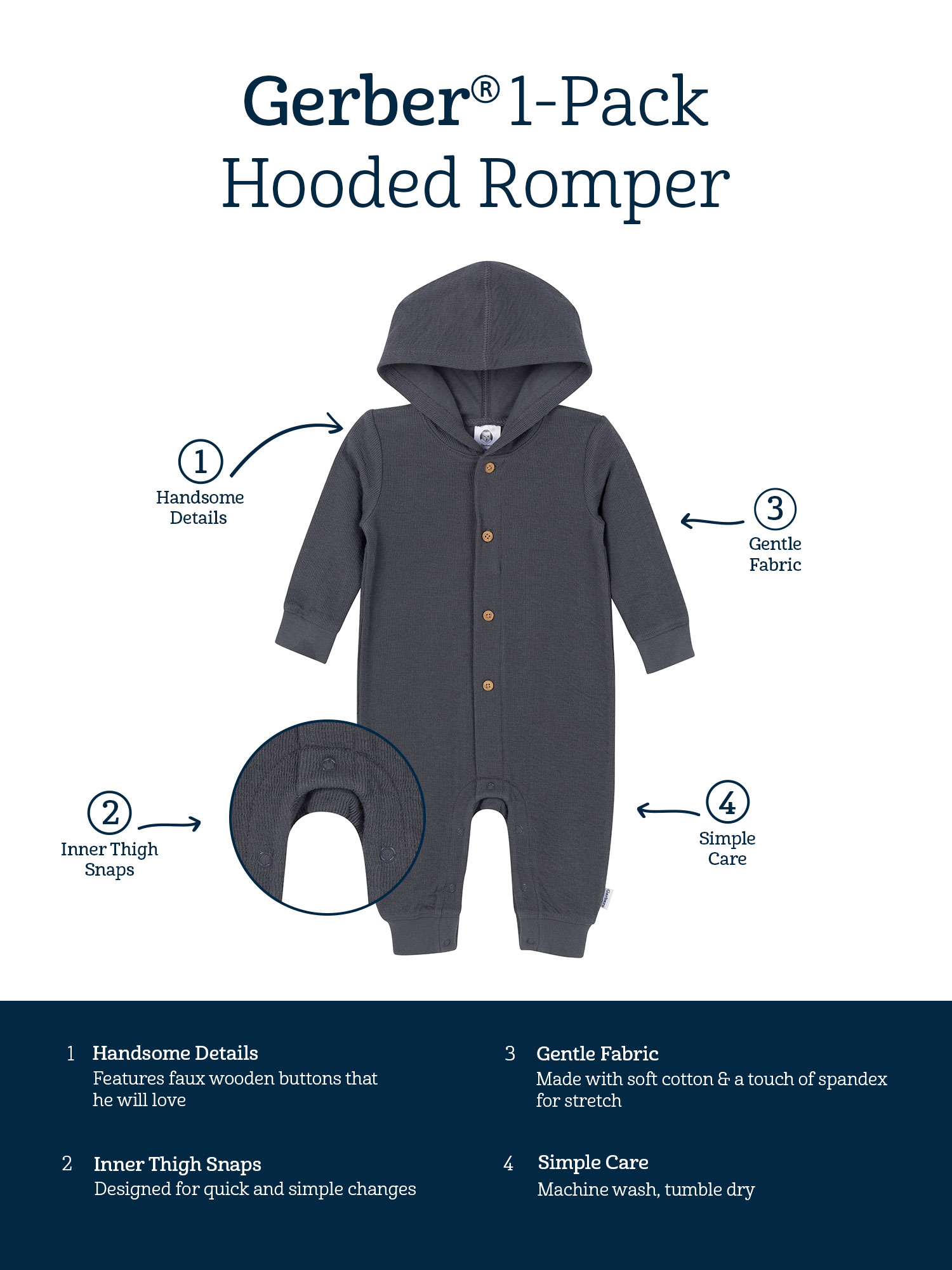 Gerber Baby Neutral Long Sleeve Hooded Romper, Sizes Newborn - 24 Months