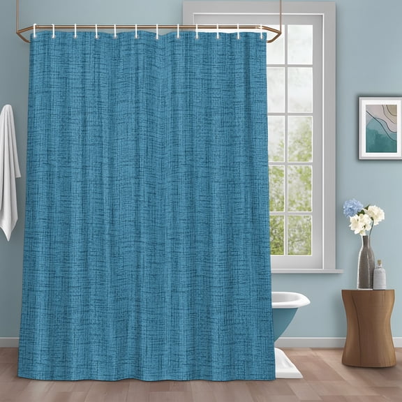 Sky Blue Solid Shower Curtain Set with Hooks, Minimalist Cloth Regal Blue Linen Texture Water Repellent Sturdy Shower Curtains for Bathroom Decoration, Machine Washable 60x72 Inch
