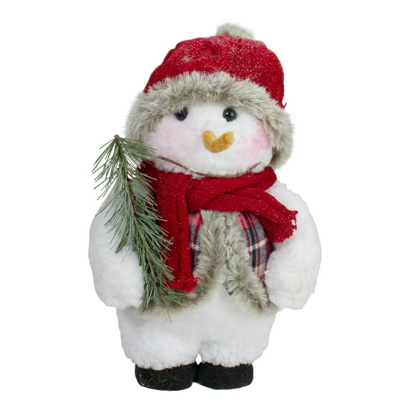 Northlight Plush Snowman with Pine Sprig Wearing Plaid Vest Christmas Figure - 10"