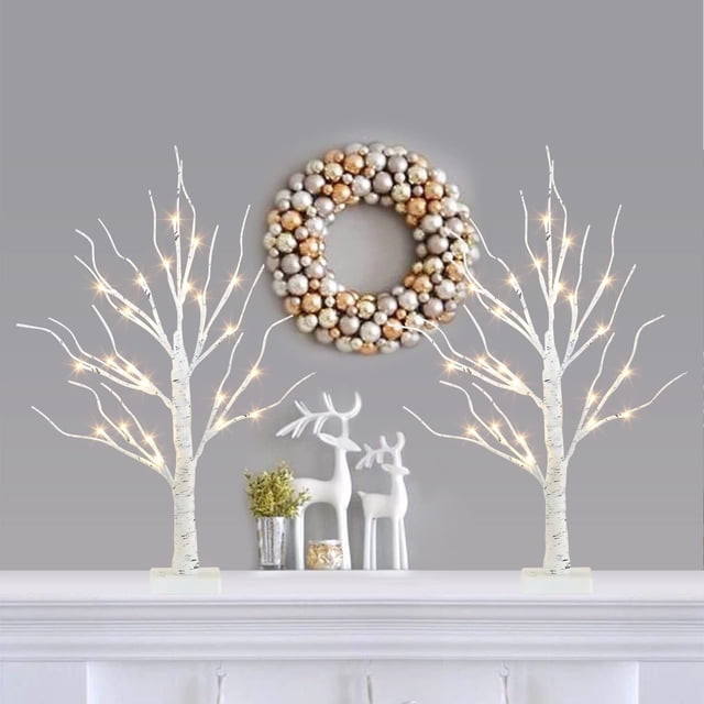 Decoraciones navideñas PABIPABI, árbol de abedul iluminado de 2 pies, paquete de 2 pies