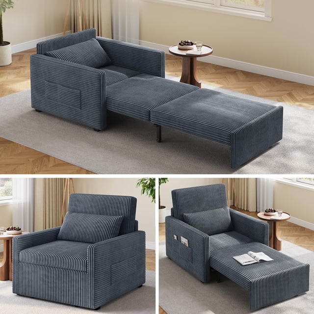 Zocalo Sofá Cama 3 en 1 de Pana 191cm, Reposabrazos,Bolsillos Laterales y Respaldo, Azul