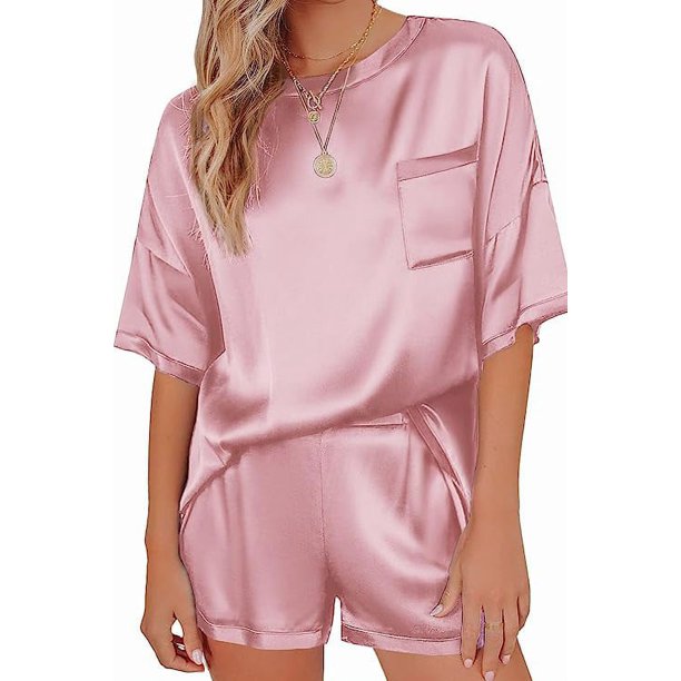 Ekouaer Satin Pajama for Women Silk PJ Set Short Sleeve Tops and Shorts