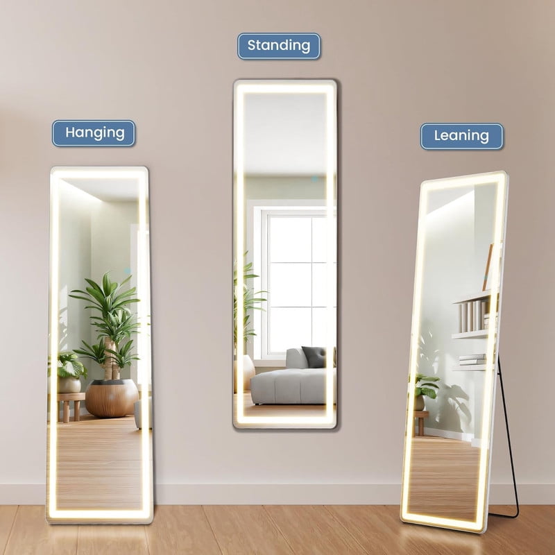 GRAHMCY 60"x 16" LED Rectangular Full Length Mirror Standing Floor Mirror with Rounded Corners,White