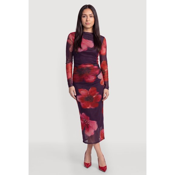 Women's Long Sleeve Floral Ruched Mesh Maxi Dress