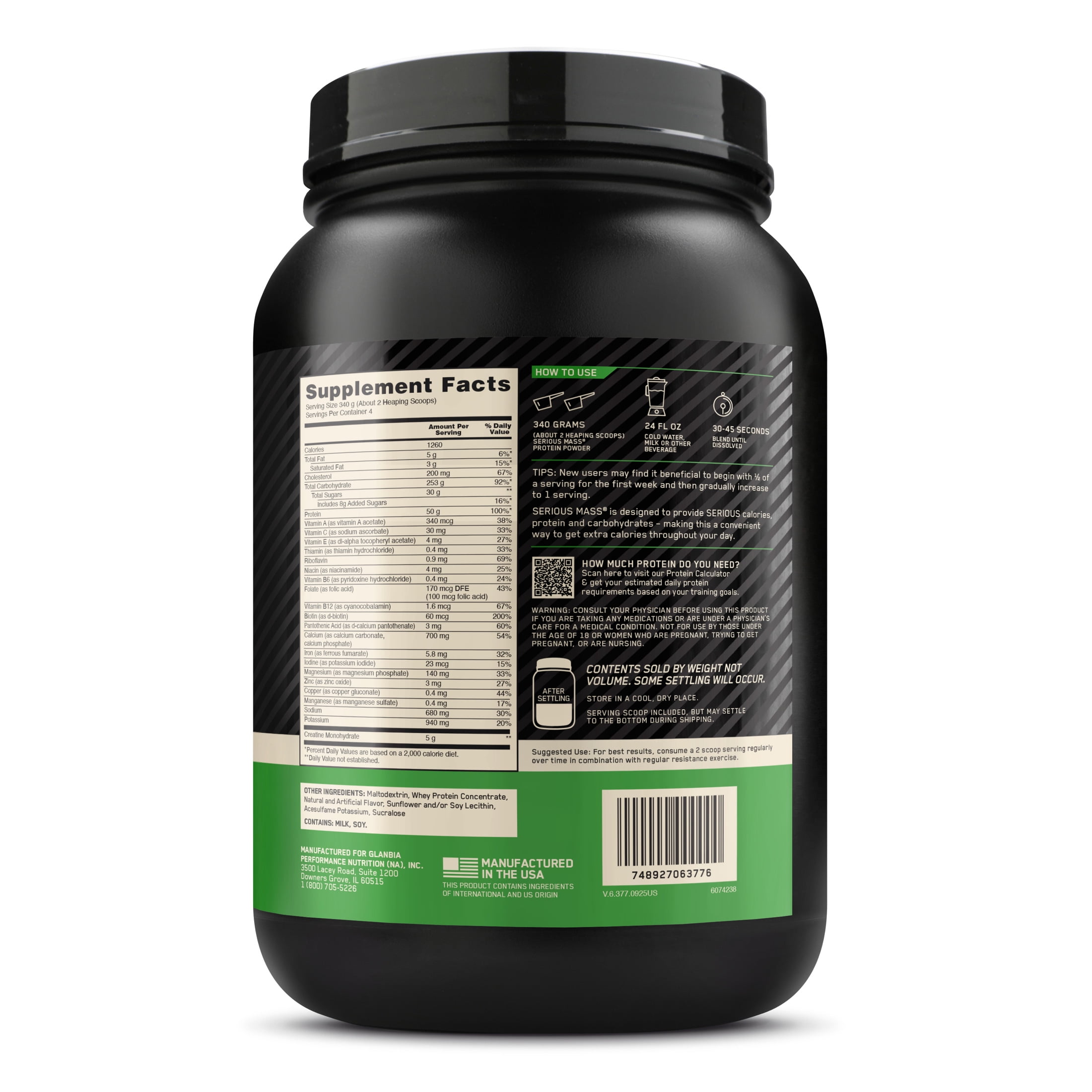 Optimum Nutrition Serious Mass, Vanilla, Weight Gainer Protein Powder, Mass Gainer, 3 lb