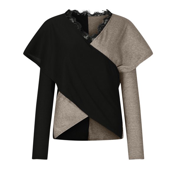 Womens Cross Wrap Shirts Colorblock Tops Long Sleeve Front Tshirt Patchwork Blouses V Neck Lace Trim Blouse Crosses Hem Shirt Elegant Loose Fit Top Fashion Outfits Going Out Clothing