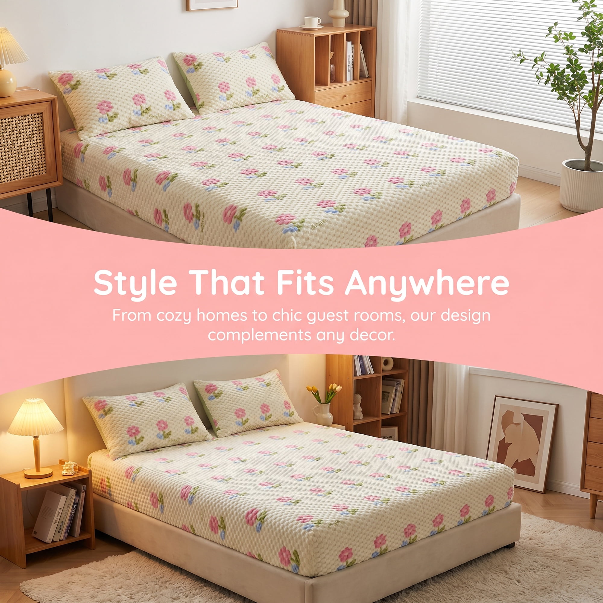 Unique Bargains Fitted Sheet Polyester Anti Wrinkle Soft Bedding 78.0"x79.9" Pink/Yellow