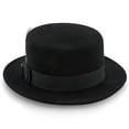 thumbnail image 5 of Black Wool Felt Pork Pie – 100% Australian Wool Classic Flat Crown with 2" Brim, Grosgrain Ribbon Band, Removable Feather & Pin – Stylish Porkpie Hat for Men, 5 of 6