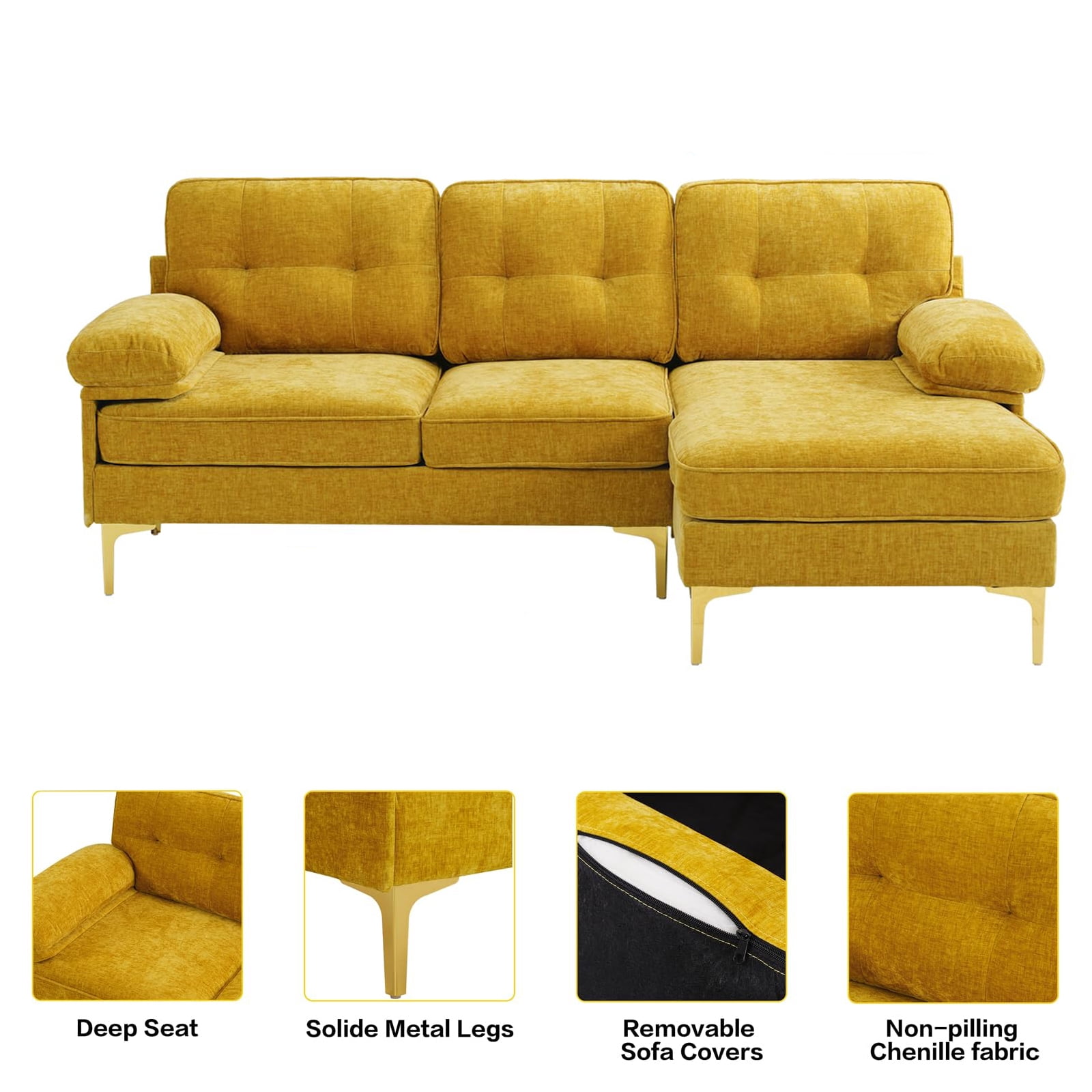 INGALIK Convertible Sectional Sofa Couch, L-Shaped Couch with Reversible Chaise Lounge, Chenille Fabric Modern Sofa for Living Room, Apartment, Office, 3 Seats, Yellow