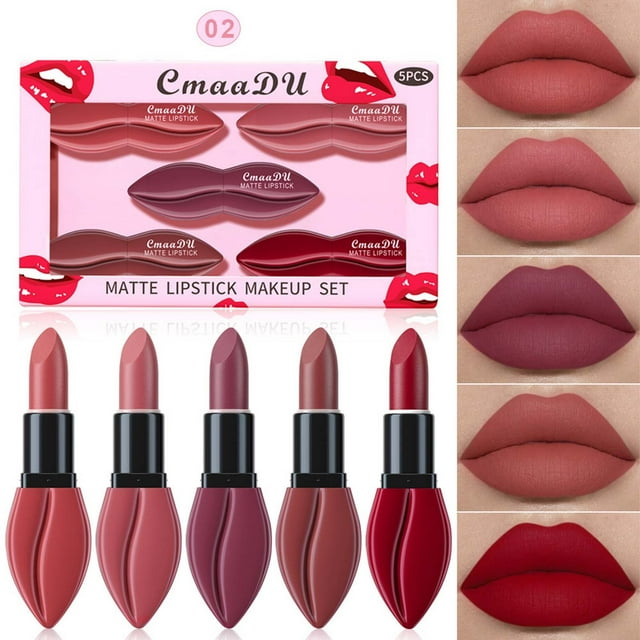 Fiudx Labial Mate, Color Frescos, Rojo Love Stick, Textura Suave, Labios Carnosos, Forma Especial de Larga Duración, Maquillaje Diario, Regalo para Mujer, Set de 5 Piezas