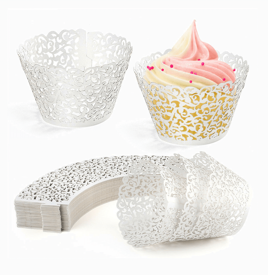 12/24Pcs Laser Cut Colours Lace Cupcake Wrappers Liners Baking Wedding Birthday 