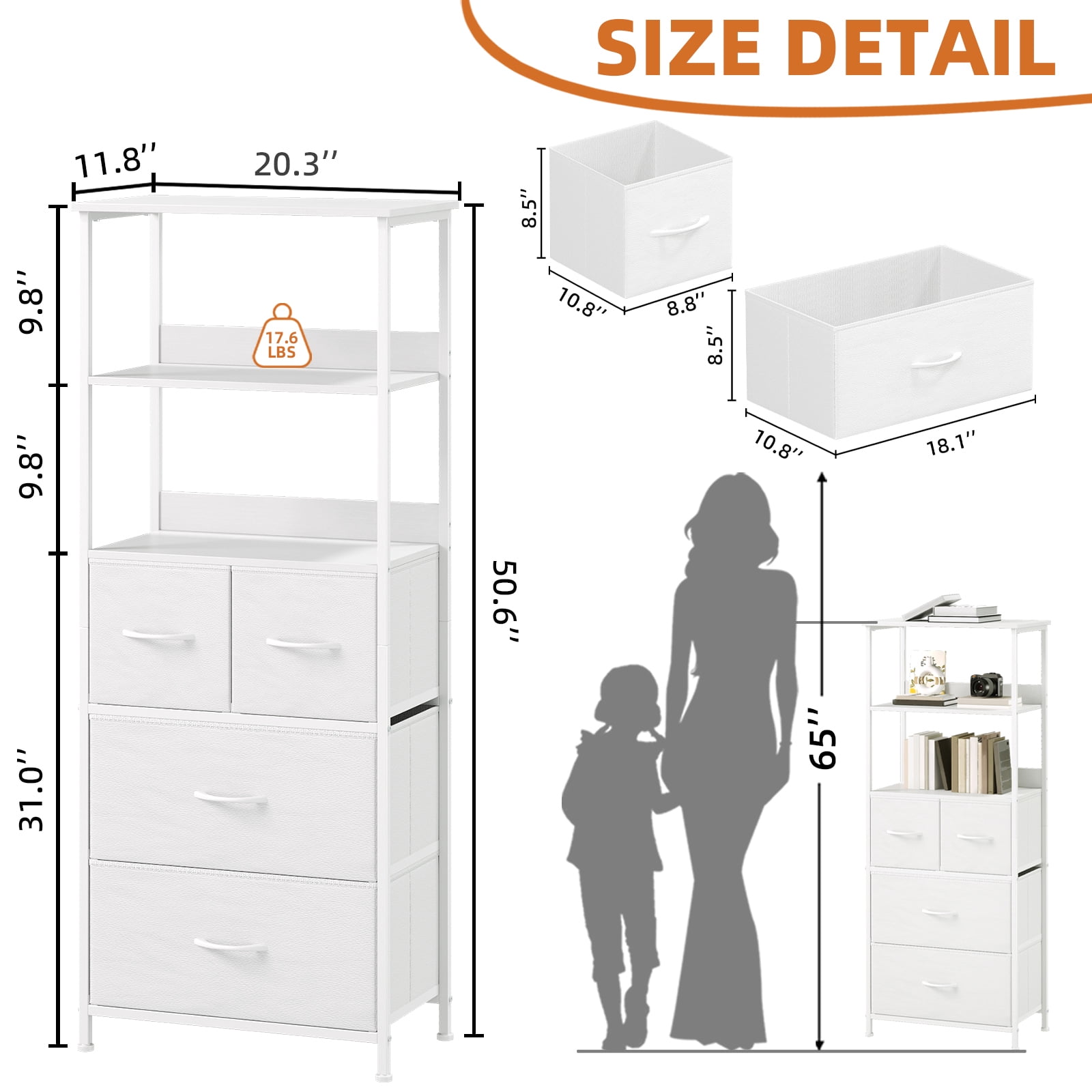 Eunos 6 Tier White Tall Bookcase with Drawers, 4 Removable Drawer Ladder Bookshelf, Bedroom Study