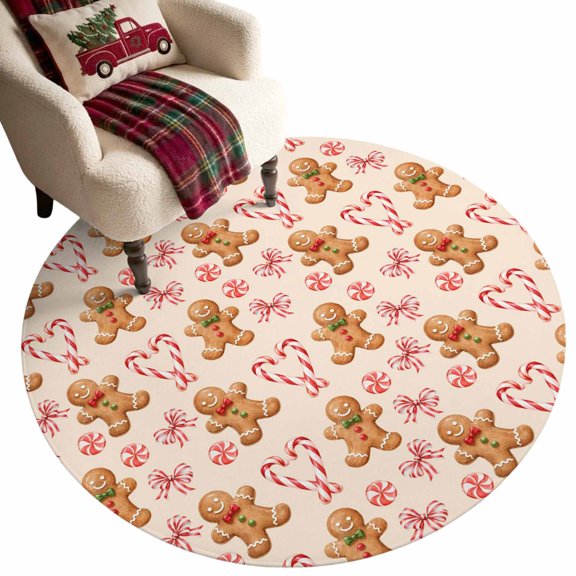 Christmas Gingerbread Man Washable Round Area Rug 5 ft, Winter Country Red Stripe Bow Tie Candy Soft Non‑Slip Rugs Stain Repellent Indoor Mats for Living‑Room Corner, Breakfast Nook, Sunroom