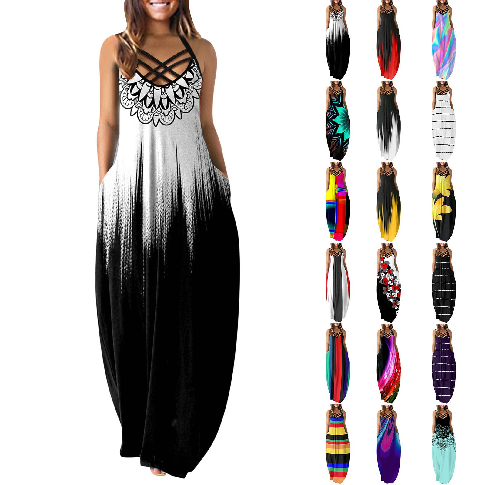 Summer Dresses for Women Casual Sleeveless O Neck Double Pocket Wide Strap Strap Plus Size Maxi Dress - Walmart.com
