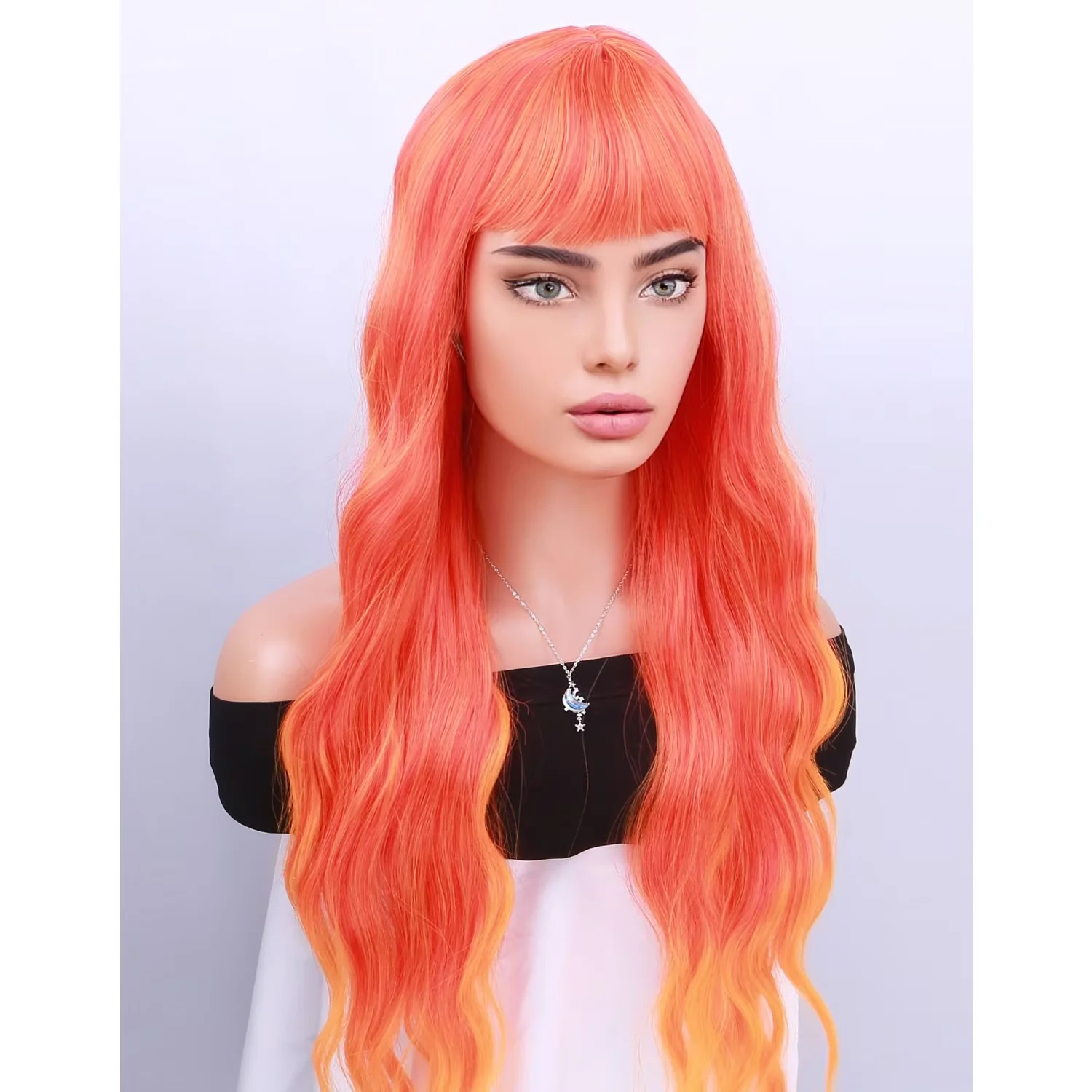 RightOn 28 Inches Mixed Orange Wig With Bangs Wig for Women Daily Use