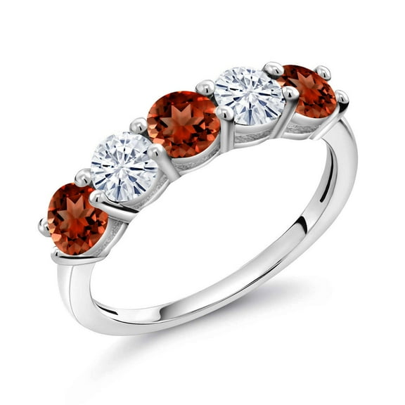 Gem Stone King 925 Sterling Silver Red Garnet and White Moissanite Wedding Band Ring for Women (0.92 Cttw, Round 3.5MM, Gemstone January Birthstone, Size 7)