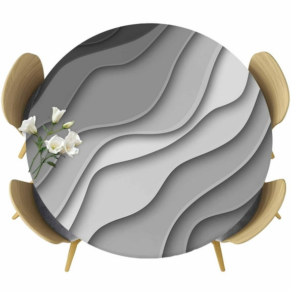 Black Grey Ombre Fitted Tablecloth with Elastic Edged, Round Table Cloth for Dining Table, Modern Geometric Abstract Aesthetic Cream Waterproof Oil Proof Table Cover for Indoor Outdoor 55"-60"