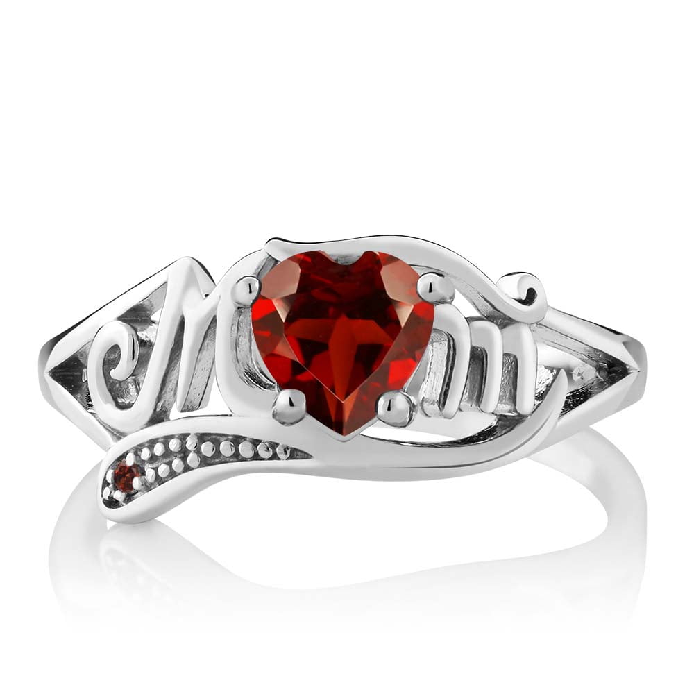 Gem Stone King 925 Sterling Silver Red Garnet Mothers Day MOM Ring for Women (0.56 Cttw, Heart Shape, Gemstone Birthstone, Available in Size 5, 6, 7, 8, 9)