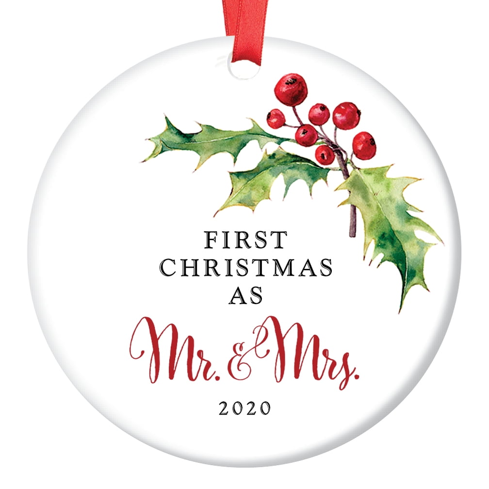 Holly Berry Mr & Mrs Ornament 2020, 1st Married Christmas Porcelain