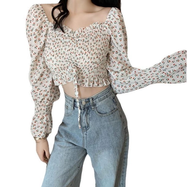 Camisa estampada floral Blusa de cuello cuadrado de manga larga Top plisado informal para mujer tholdsy AP001734-01
