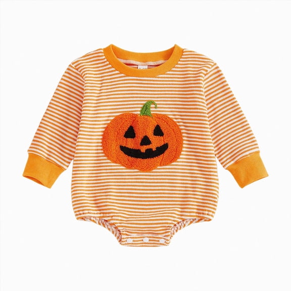 enyan Infant Halloween Onesies Baby Boys Outfit Waffled Long Sleeve Striped Crewneck Bodysuit Romper Newborn Fall Winter Clothes Orange,3-6 Months