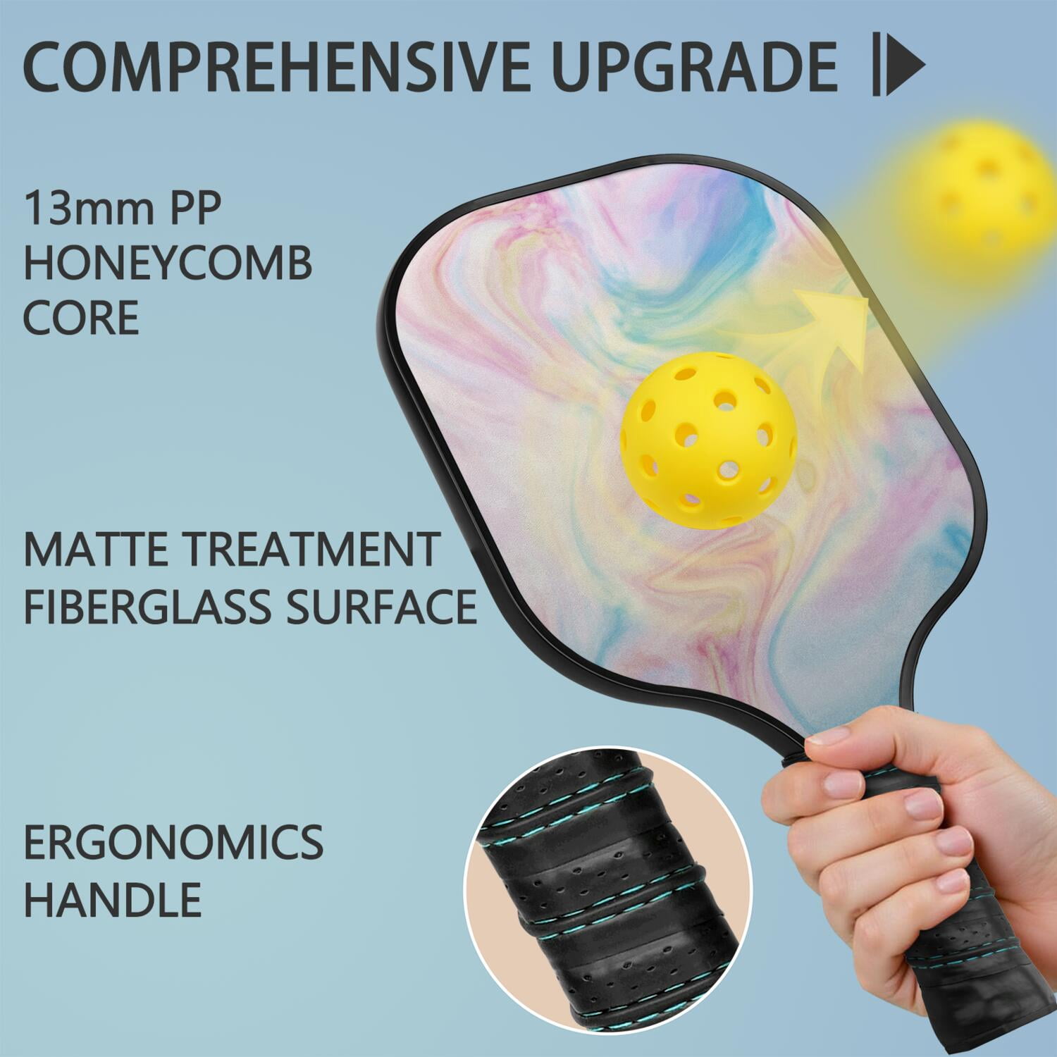 Pickleball Paddles Set Of 2, Fiberglass Surface, Turquoise Marble Pattern, 4 Balls & Bag