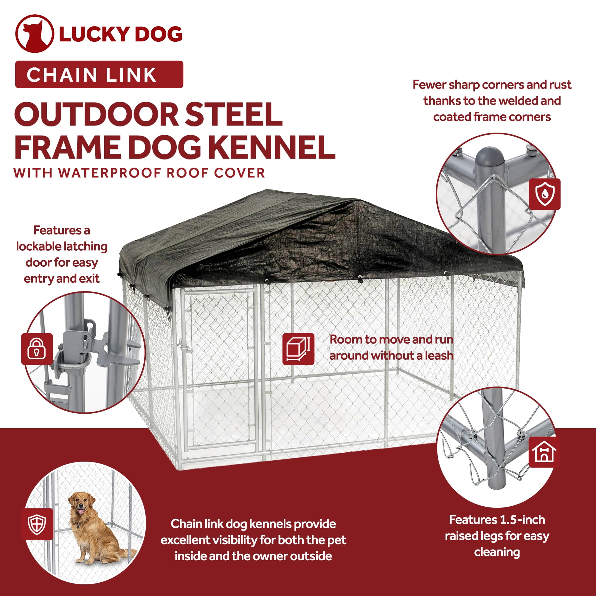 Lucky Dog Heavy Duty Outdoor Metal Run 10x10ft Galvanized Steel Chain Link Kennel with Roof Walmart