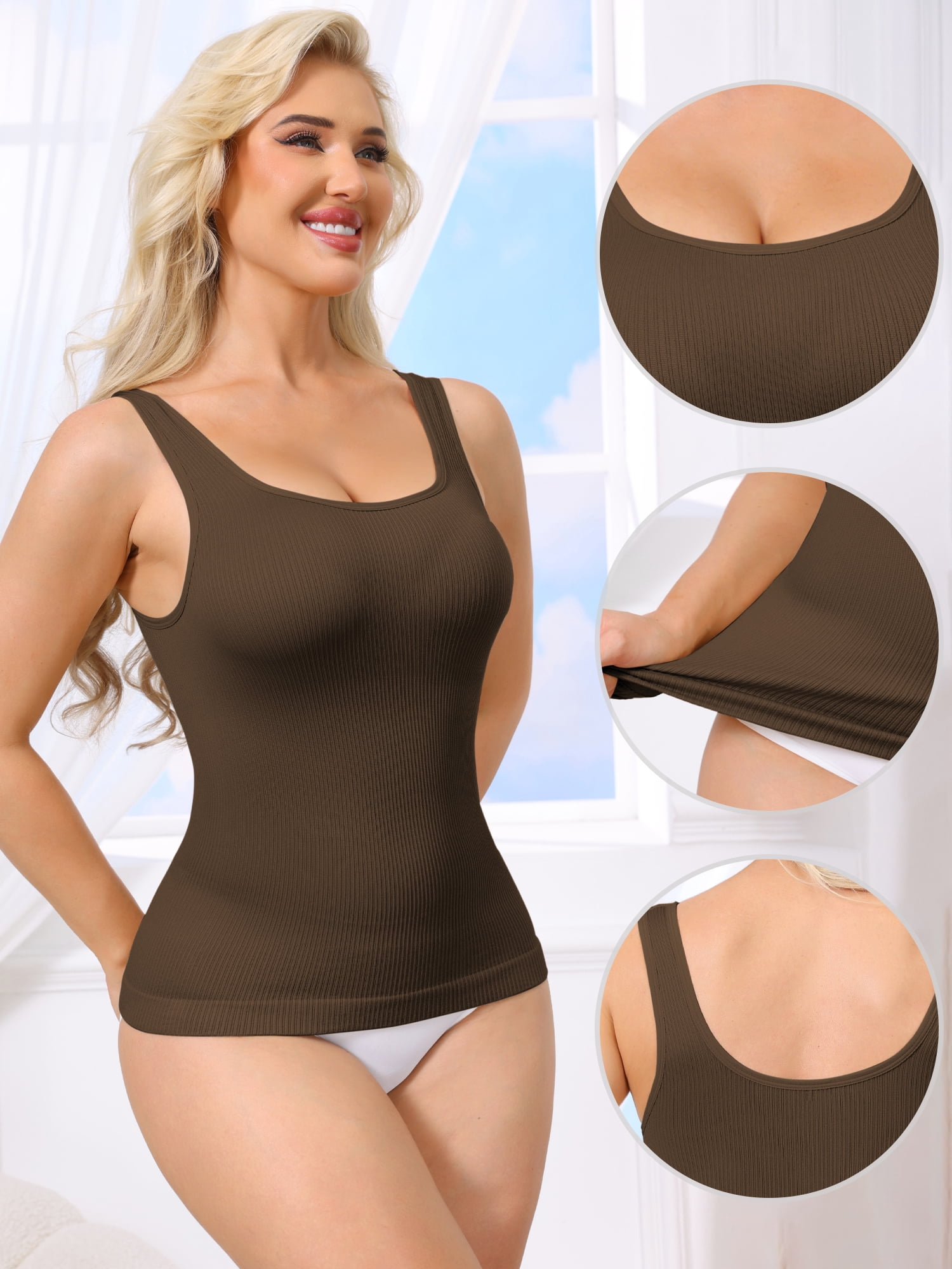 DARING DIVA Women's Ribbed Tank Tops Square Neck Compression Camisole 3X-Large Brown