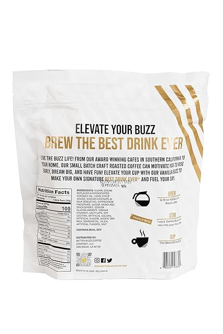 Better Buzz Vanilla Powder Coffee Creamer Shots (Vanilla Buzz) 20ct. Singles Drink Mix, Instant Vanilla Creamer Stick Packs for Vanilla Latte Flavored Coffee Experience