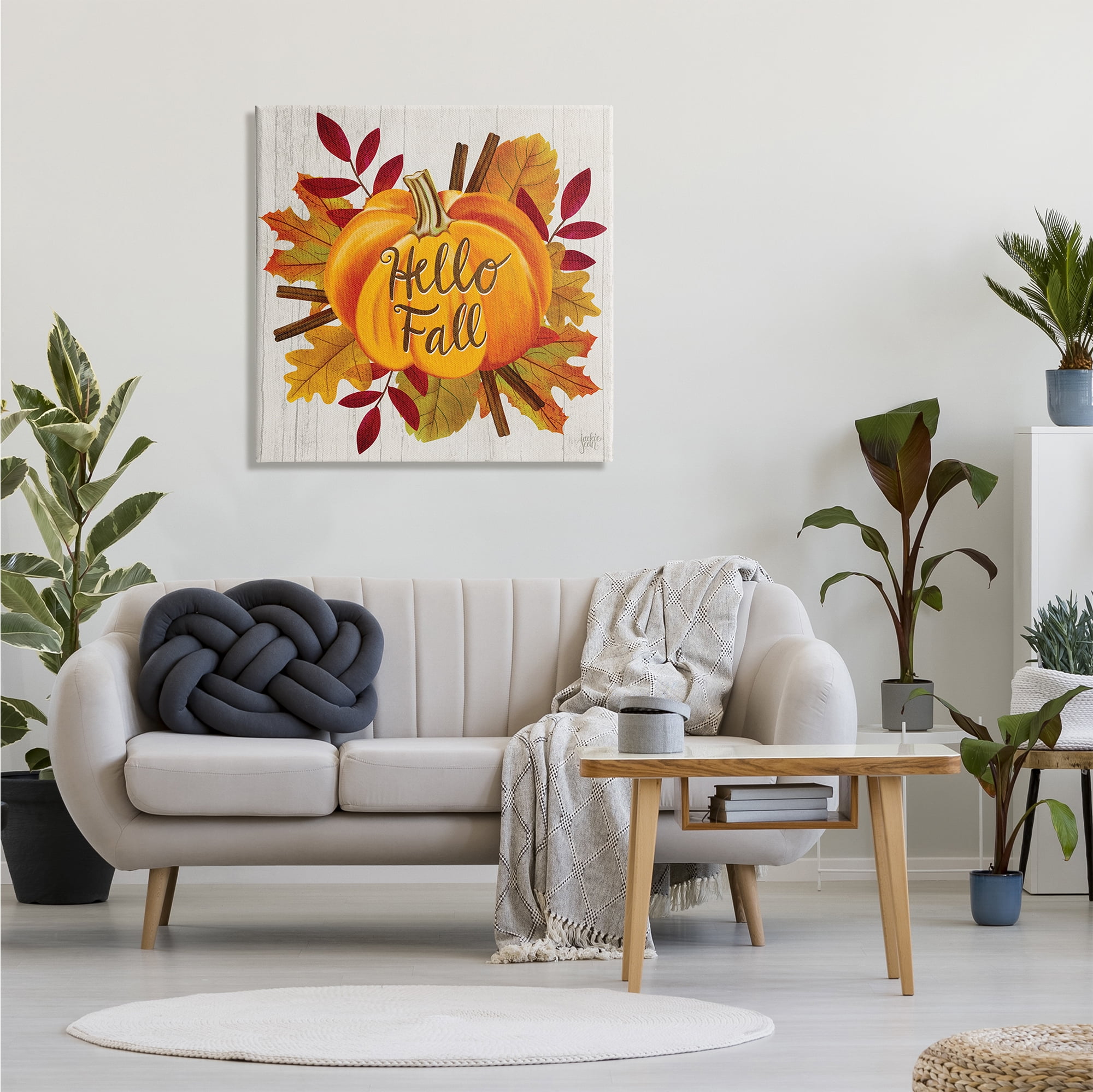 Stupell Home Décor Hello Fall Sentiment Orange Pumpkin Autumn Tree Leaves, 30 x 30, Designed by Jackie Quigley