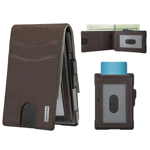 Billetera umoven Pop Up con bloqueo RFID de cuero color café