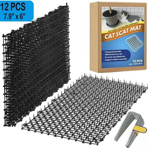 Cat Scat Mat 7.9 X 6 Inches (Set of 12) - Keep Cats Out of Yard Permanently - Scat Mat for Cats- Spike Mat with 8 U-shaped Nail