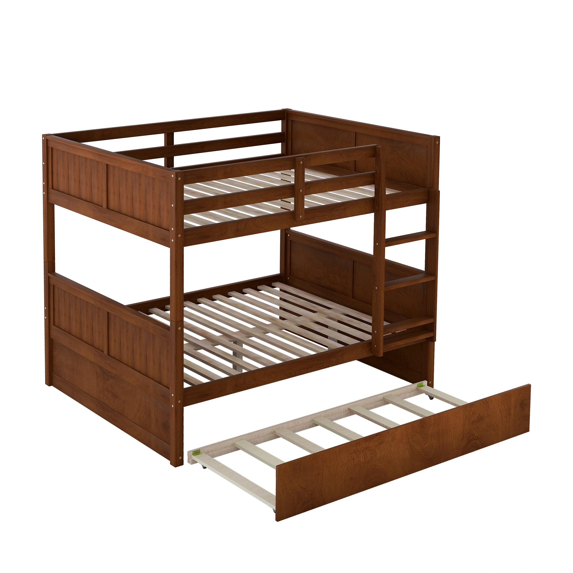 DEALTOPS Full Over Full Bunk Bed with Twin Size Trundle for Kids and Adults, Wood, Walnut