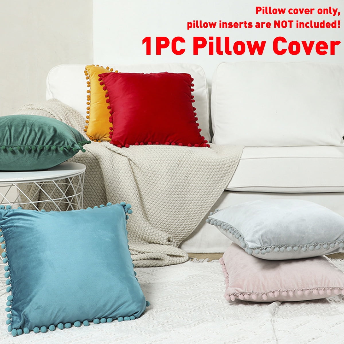 1×Soft Velvet Cushion Cover Pom Poms House Decors Sofa Car Throw Pillow Case New 