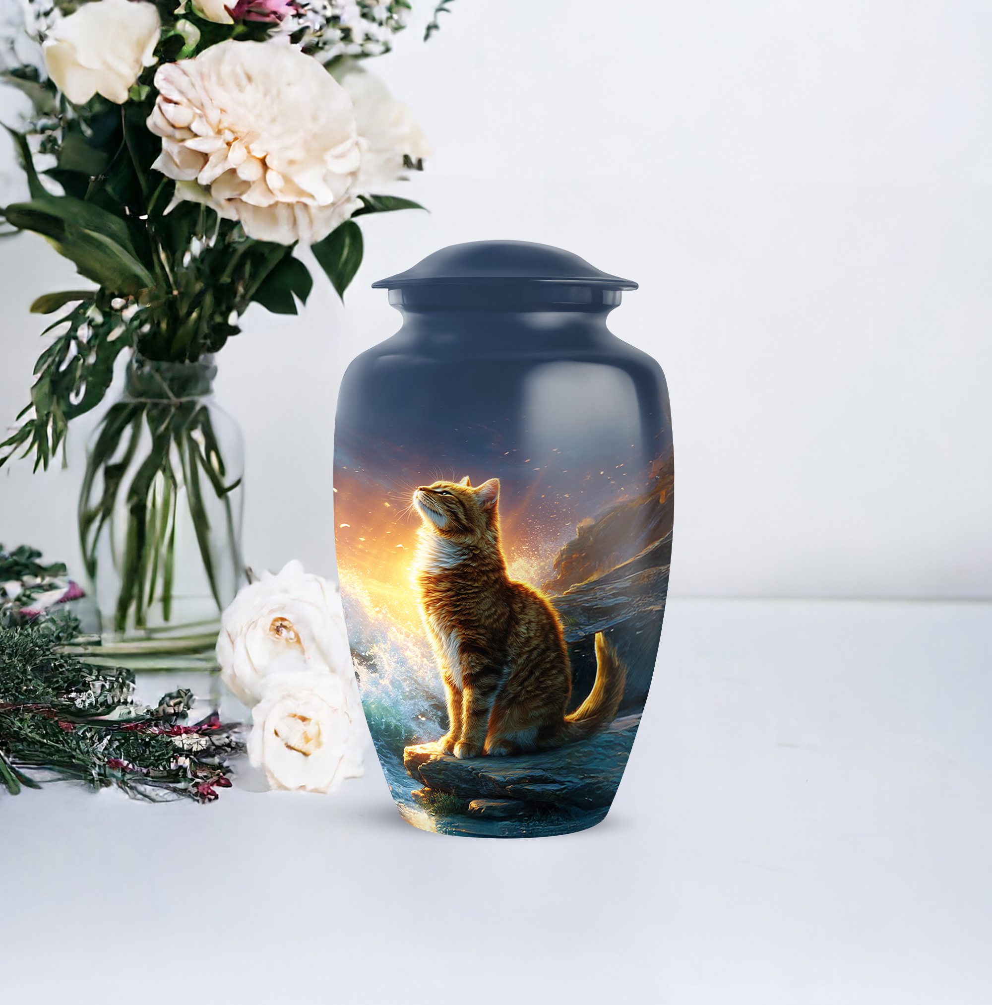 Cat Burial Urn For Ash For Women - Blue Urns For Human Ashes - Funeral Urns For Human Ashes Adult - Small Cremation Urn For Adult Mother & Father, 1 Large 10 Inch, 4 Keepsake Set