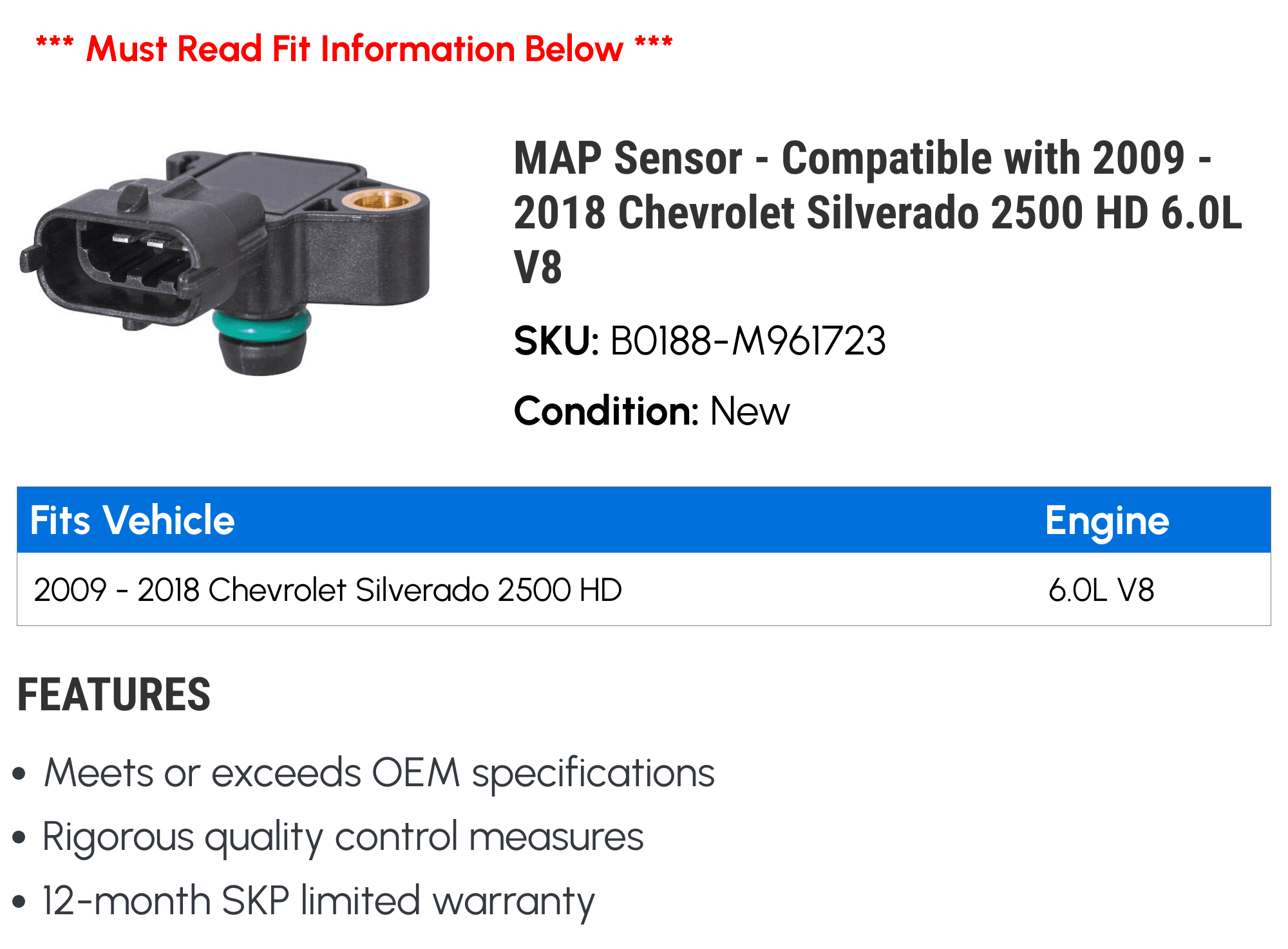 MAP Sensor - Compatible with 2009 - 2018 Chevy Silverado 2500 HD 6.0L V8 2010 2011 2012 2013 2014 2015 2016 2017
